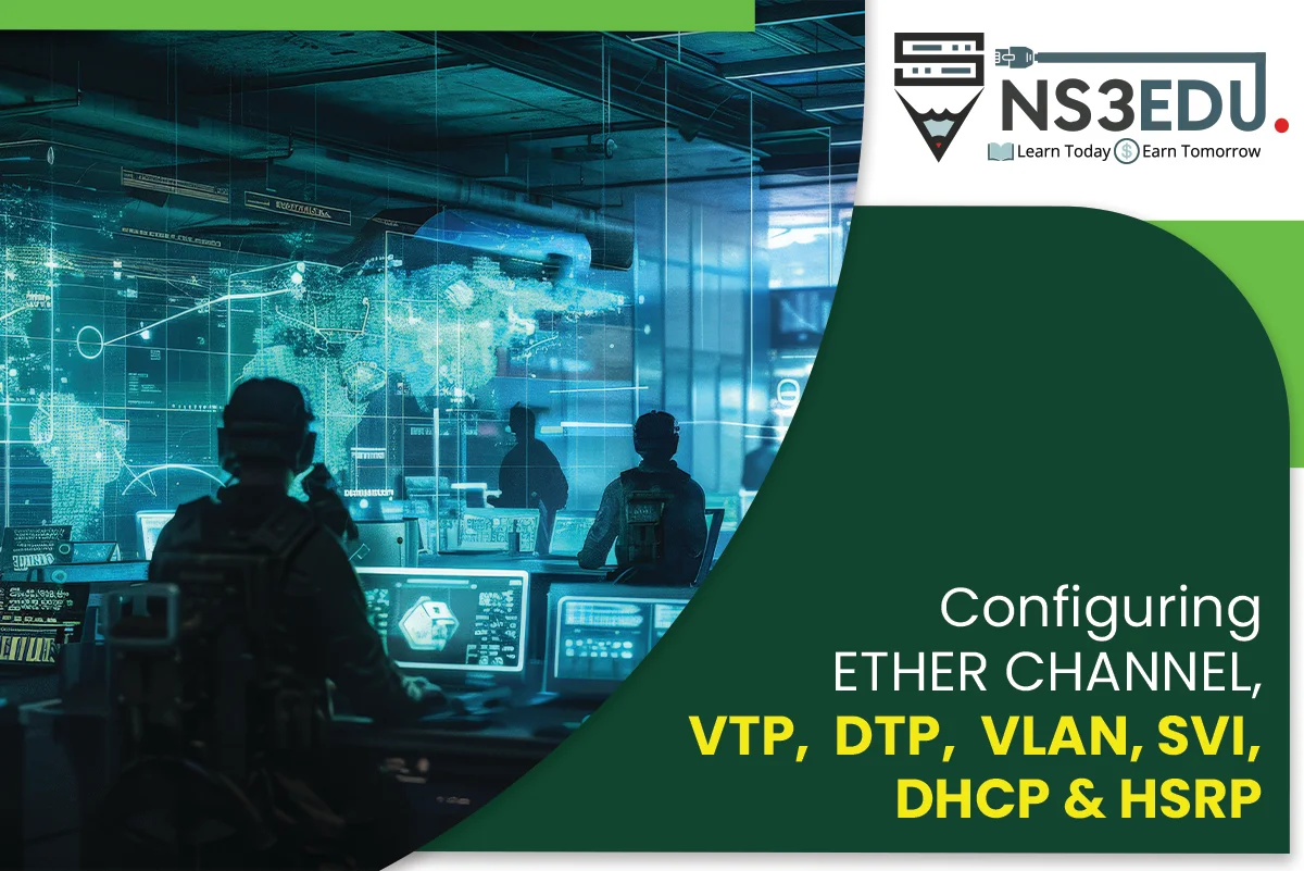 Configuring ETHER CHANNEL VTP, DTP, VLAN, SVL, DHCP & HSRP